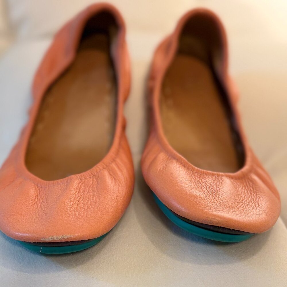 Tieks Coral Leather Ballet Flats with Teal Soles